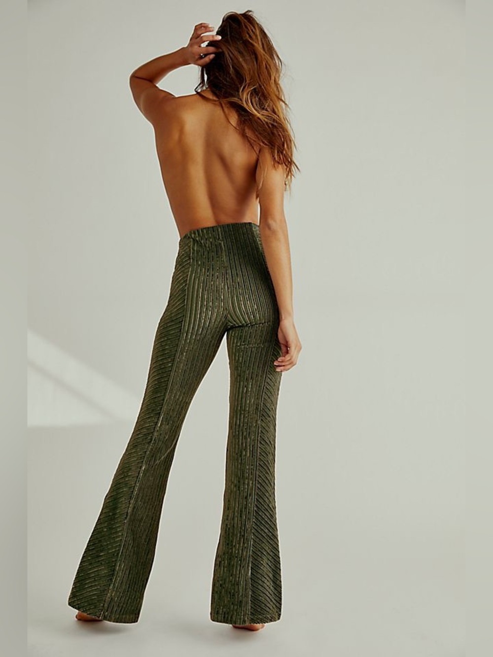 Free People Slim Pull-On Velvet Flare Trousers Ribbed Forest Green Pants Size M - Picture 4 of 7